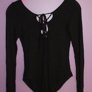 Black Ribbed Long Sleeve Lace up Bodysuit